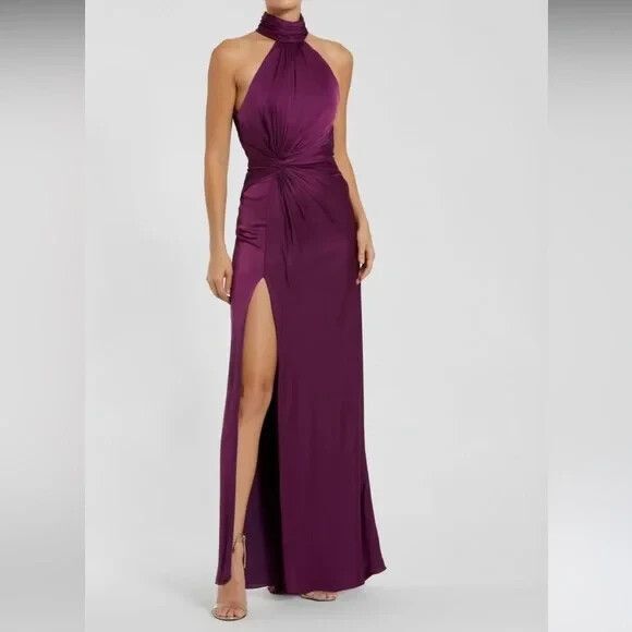NWT Mac Duggal 11642 Long Satin Ruched‎ Evening Gown 12 Open Back High Neck Plum - Picture 1 of 7
